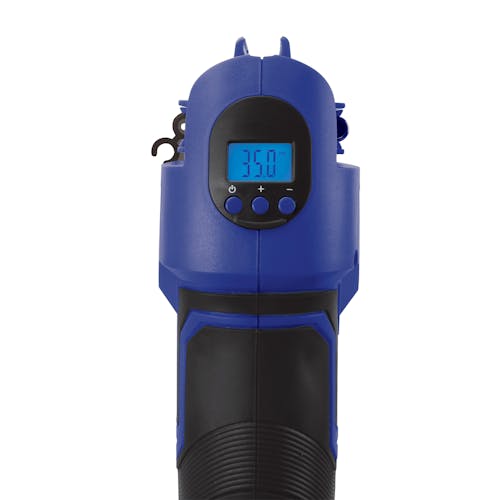 Digital gauge on the back of the Sun Joe 24-Volt Cordless Portable Air Compressor in blue.