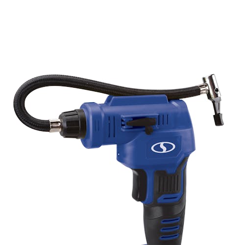 Close-up of the top half on the Sun Joe 24-Volt Cordless Portable Air Compressor in blue.