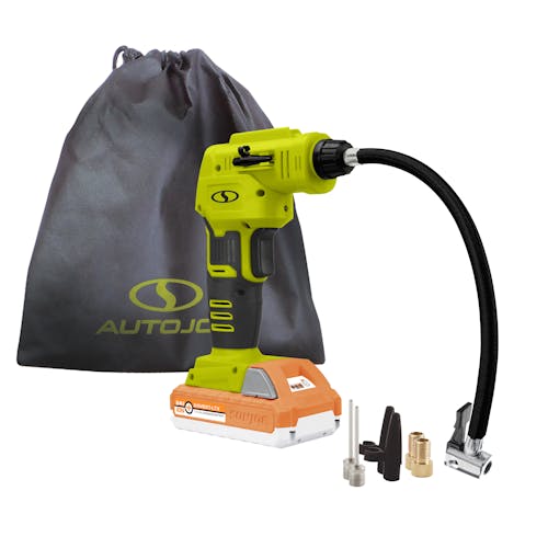 Sun Joe 24-Volt Cordless Portable Air Compressor in green with a 1.5-Ah lithium-ion Battery, nozzle attachments, and storage bag.