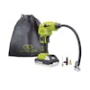 Sun Joe 24-Volt Cordless Portable Air Compressor with a 1.3-Ah lithium-ion battery, nozzle attachments, and storage bag.