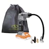 Sun Joe 24-Volt Cordless Portable Air Compressor in gray with a 1.5-Ah lithium-ion Battery, nozzle attachments, and storage bag.