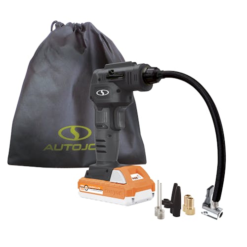 Sun Joe 24-Volt Cordless Portable Air Compressor in black with a 1.5-Ah lithium-ion Battery, nozzle attachments, and storage bag.