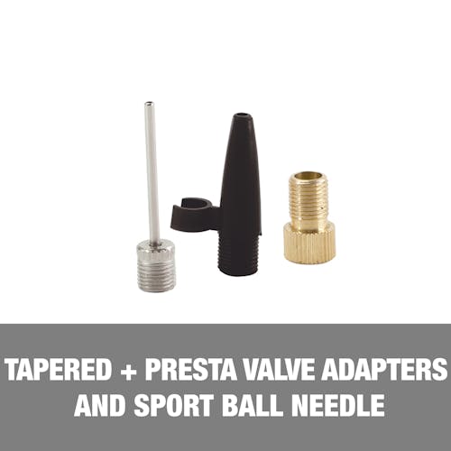 Tapered and presta valve adapters and a sport ball needle.