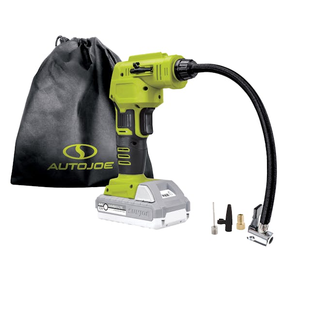 Auto Joe 24-Volt Cordless Portable Air Compressor Kit with storage bag, nozzle adapters, and a 2.0-Ah lithium Battery.