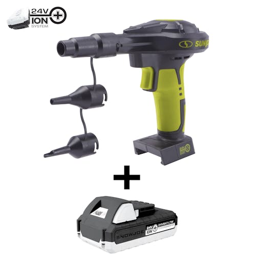 Sun Joe 24-Volt Cordless High-Volume Inflator plus nozzle attachments and a 1.3-Ah lithium-ion battery.