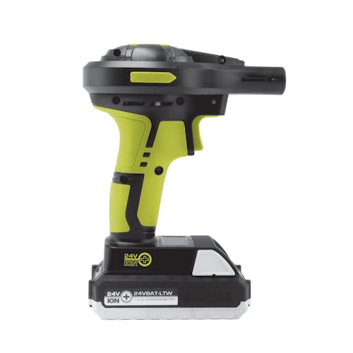 Side view of the Sun Joe 24-Volt Cordless High-Volume Inflator with a 1,3-Ah battery attached.