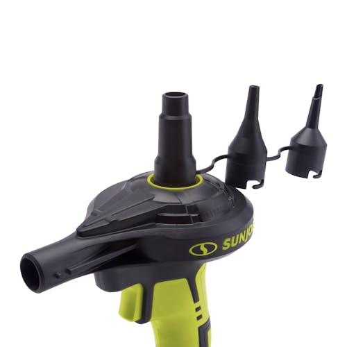 Close-up of the top of the Sun Joe 24-Volt Cordless High-Volume Inflator with its 3 nozzle attachments.