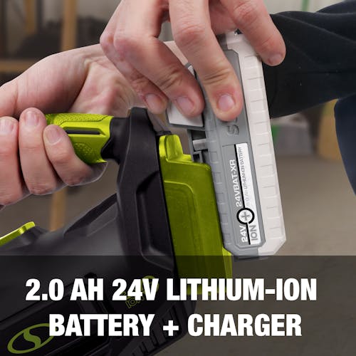 Comes with a 2.0-Ah  24-Volt lithium-ion battery and a charger.