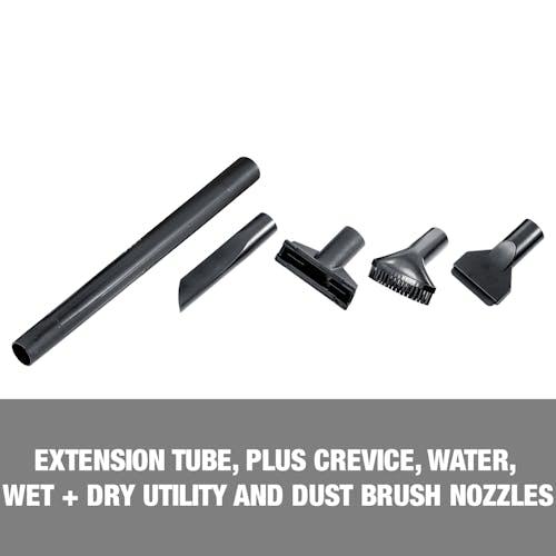 Comes with an extension tube plus a crevice, water, utility, and dust brush nozzles.