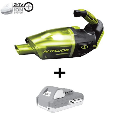 Auto Joe 24-Volt Cordless Wet/Dry Handheld Vacuum plus a Snow Joe 24-Volt 2.0-Ah iON Battery.