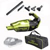 Auto Joe 24-Volt Cordless Wet/Dry Handheld Vacuum with a 2.0-Ah Battery and carry bag below it, and the 5 nozzle attachments above.