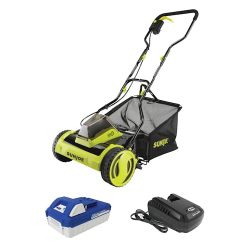Sun Joe 24-Volt cordless push reel mower with a 4.0-Ah lithium-ion battery and quick charger.
