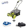 Sun Joe 24-Volt cordless push reel mower plus a 4.0-Ah lithium-ion battery and quick charger.
