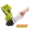 Person putting a 2.0-Ah lithium-ion battery into the Sun Joe 24-Volt Cordless Mountable Chainsaw Sharpener. Tool only.