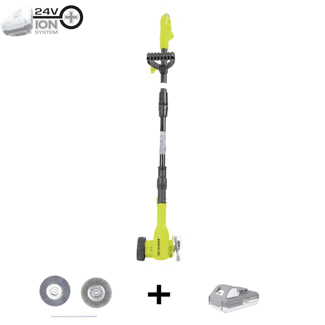 Sun Joe 24-Volt cordless weed sweeper kit with 2 brushes plus a 2.0-Ah lithium-ion battery.