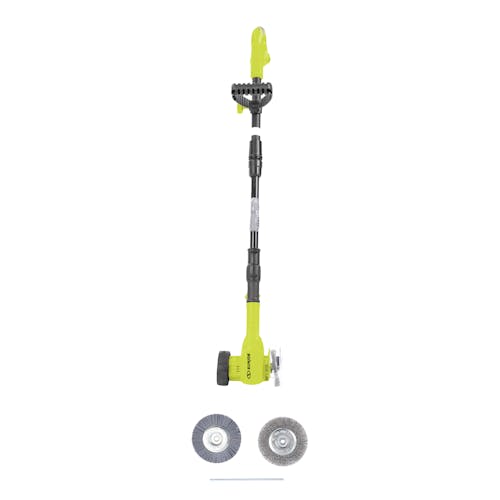 Sun Joe 24-Volt cordless weed sweeper kit with 2 brushes.