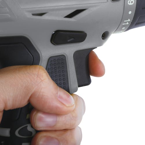Close-up of the trigger on the Sun Joe 24-Volt Cordless Black Drill Driver.