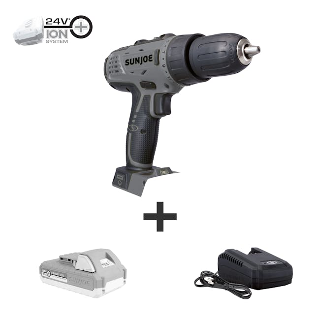 Sun Joe 24-Volt Cordless Black Drill Driver plus a 2.0-Ah lithium-ion battery and quick charger.