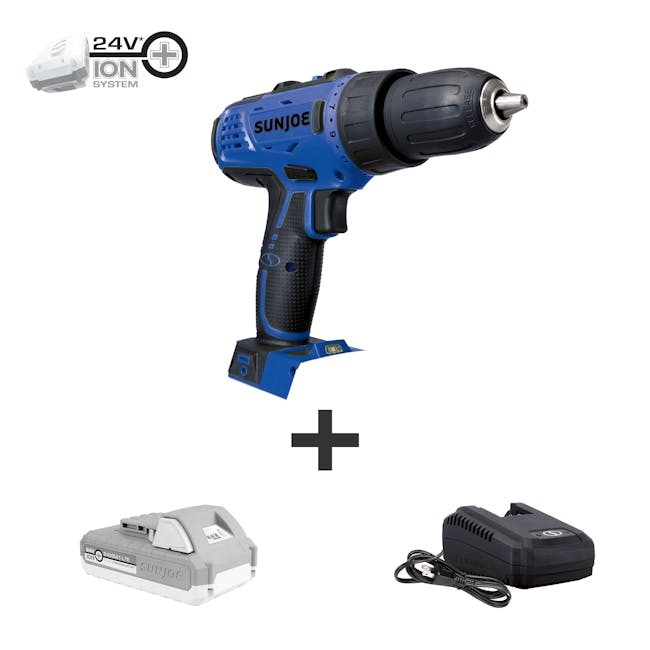 Sun Joe 24-Volt Cordless Blue Drill Driver with 2.0-Ah battery and quick charger.