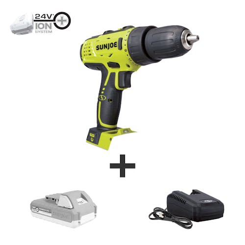 Sun Joe 24-Volt Cordless Drill Driver plus a 2.0-Ah lithium-ion battery and quick charger.