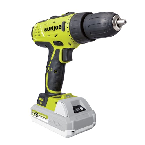 Sun Joe 24-Volt Cordless Drill Driver with a 2.0-Ah lithium-ion battery attached.