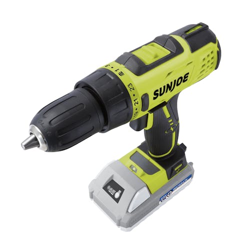 Top-angled view of the Sun Joe 24-Volt Cordless Drill Driver with a 2.0-Ah lithium-ion battery attached.