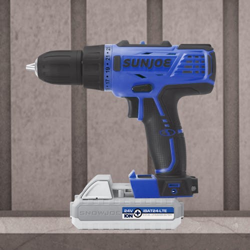 Side view of the Sun Joe 24-Volt Cordless Blue Drill Driver.