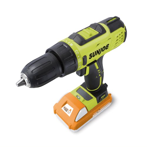Sun Joe 24-volt Cordless Drill Driver with a 1.5-Ah lithium-ion battery attached.
