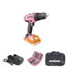 Sun Joe 24-volt Cordless Drill Driver in pink plus a 1.5-Ah lithium-ion battery, quick charger, drill bit set with pink case, and storage bag.