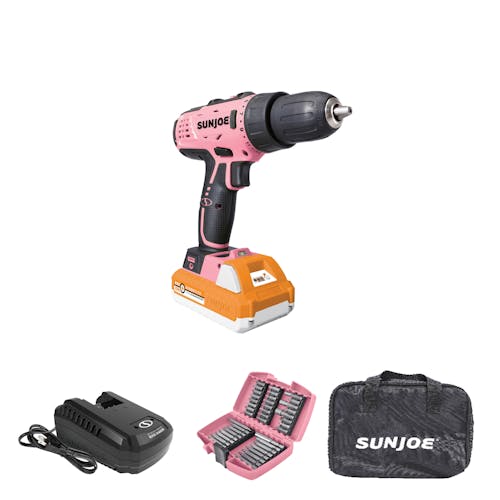 Sun Joe 24-volt Cordless Drill Driver in pink plus a 1.5-Ah lithium-ion battery, quick charger, drill bit set with pink case, and storage bag.