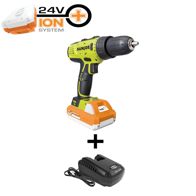 Sun Joe 24-volt Cordless Drill Driver plus a 1.5-Ah lithium-ion battery and quick charger.