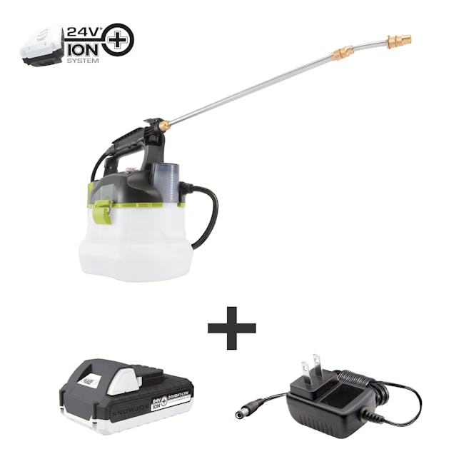 Sun Joe 24-volt cordless Multi-Purpose Chemical Sprayer Kit plus a 1.3-Ah lithium-ion battery and charger.