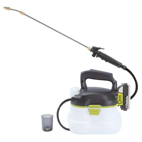 Side view of the Sun Joe 24-volt cordless Multi-Purpose Chemical Sprayer Kit with measuring cup.
