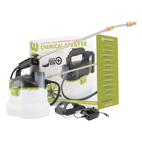 Sun Joe 24-volt cordless Multi-Purpose Chemical Sprayer Kit with 1.3-Ah Battery, charger, and packaging.