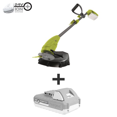 Sun Joe 24-volt cordless stringless 10-inch grass trimmer kit plus a 2.0-Ah lithium-ion battery.