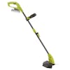 Side view of the Sun Joe 24-volt cordless stringless 10-inch grass trimmer kit with a 2.0-Ah lithium-ion battery attached.