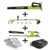 Sun Joe 24-Volt Cordless Turbine Leaf Blower, 10-inch grass trimmer, 18-inch hedge trimmer plus two 2.0-Ah lithium-ion batteries and dual-port quick charger.