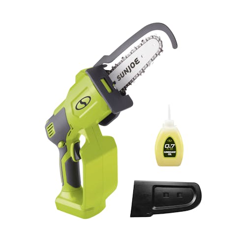 Sun joe 24-Volt Cordless Handheld Chainsaw comes with refillable lubricant and a chain cover.