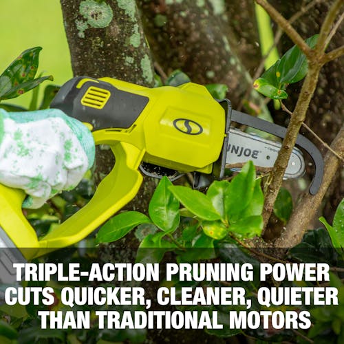 Triple-action pruning power cuts quicker, cleaner, and quieter than traditional motors.