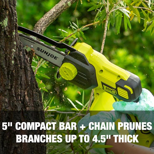 5 inch compact bar and chain prunes branches up to 4.5 inches thick.
