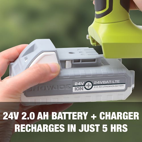 Comes with a 24-Volt 2.0-Ah Battery and charger that recharges in just 5 hours.