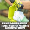 Has a knuckle-guard handle and safety switch that prevent accidental starts.