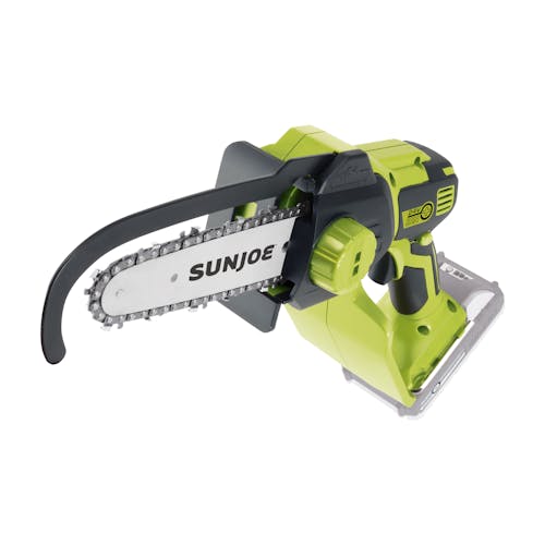Top-angled view of the Sun Joe 24-Volt Cordless Handheld Chainsaw.