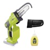 Sun Joe 24-Volt Handheld Chainsaw with a 5-inch chain comes with a chain cover and lubricant.