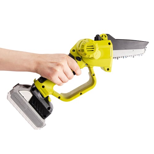 Person holding the Sun Joe 24-volt cordless Cordless Telescoping Pole Pruning Saw Kit with a 2.0-Ah battery attached.