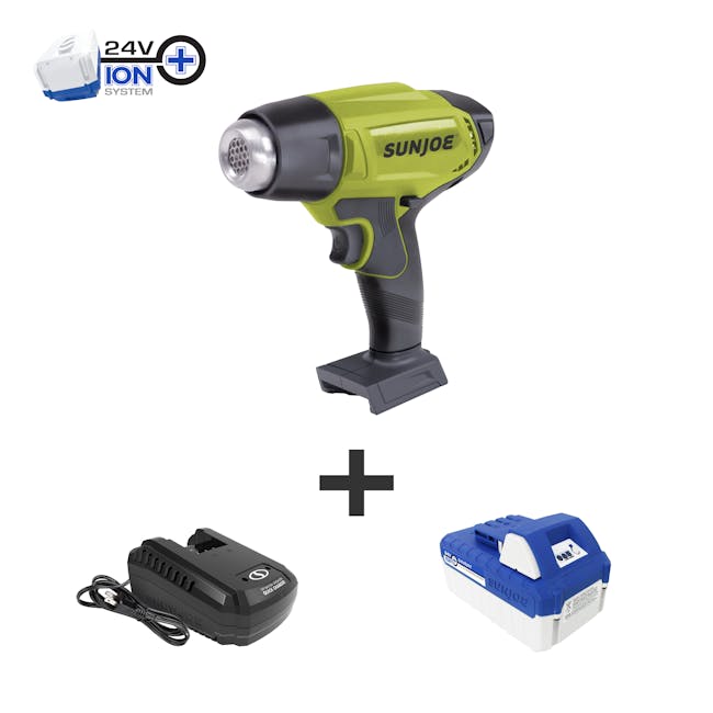 Sun Joe 24-volt cordless Heat Gun with a 4.0-Ah lithium-ion battery and quick charger.