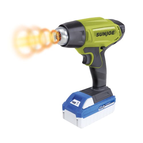Sun Joe 24-volt cordless Heat Gun with a 4.0-Ah lithium-ion battery attached with red rings coming out, expressing heat.
