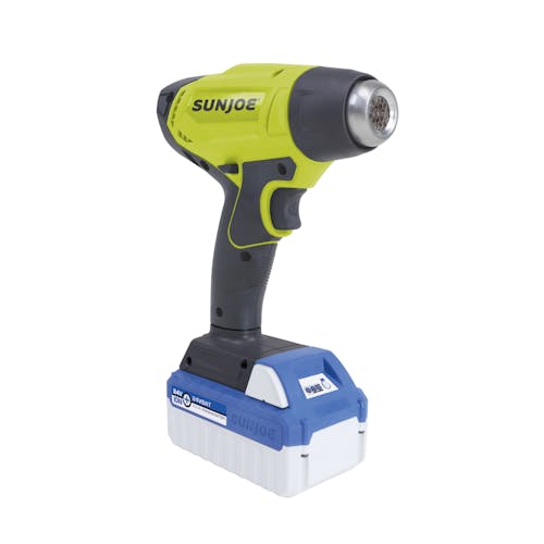 Angled view of the Sun Joe 24-volt cordless Heat Gun with a 4.0-Ah lithium-ion battery attached.