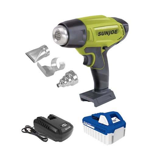 Sun Joe 24-volt cordless Heat Gun with a 4.0-Ah lithium-ion battery, quick charger, and 3 nozzle attachments.
