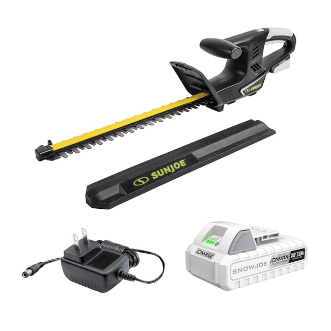 24V-HT16-LTE Sun Joe Cordless Hedge Trimmer with battery, charger, and blade guard